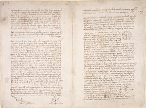Arundel 263, ff.16v-17, notas y diagramas de Leonardo da Vinci del 