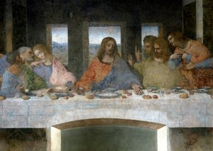 (detalle) de La Última Cena representando a Judas, Pedro y Juan a la izquierda, Cristo en el centro y Tomás, Santiago el Mayor y Felipe a la derecha