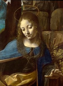 (detalle) de la Cabeza de la Virgen, de La Virgen de las Rocas (La Virgen con el Niño San Juan adorando al Niño Cristo acompañado por un Ángel), detalle, c.1508
