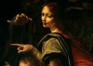Virgen con las rocas, San Juan Bautista señalando con el dedo y mano de la Virgen María, (detalle) de Leonardo da Vinci