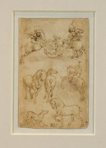 Dos jinetes luchando contra un dragón; un jinete y dos caballos; un perro y un caballo ... de Leonardo da Vinci
