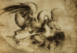 Dragón matando a un león, dibujo de Leonardo da Vinci. Gabinetto dei Disegni e Stampe, Galería Uffizi, Florencia de Leonardo da Vinci