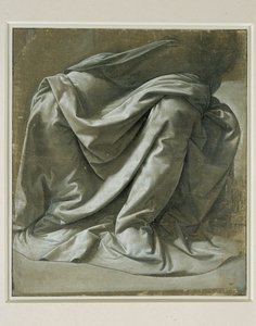 Drapeado para una figura sentada, pincel y témpera gris, reflejos blancos sobre lienzo de lino gris preparado ... de Leonardo da Vinci