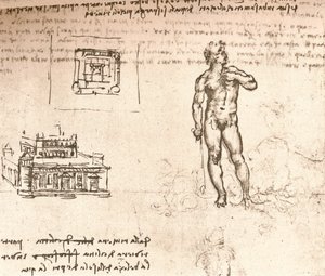 Dibujo de planos para un castillo y de una figura desnuda, lavado con tinta india, c1472-c1519 1883 de Leonardo da Vinci