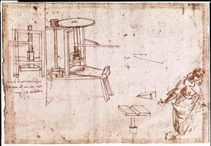 Extracto de un manuscrito de Da Vinci que describe el principio y la construcción de una "Máquina de Prensa" para imprimir (manuscrito) de Leonardo da Vinci