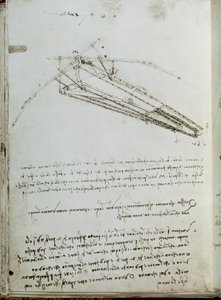 Dibujo de máquina voladora. Manuscrito de Leonardo da Vinci