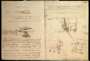 Máquinas voladoras, uno de los primeros dibujos de una máquina voladora tipo helicóptero, c. 1487 de Leonardo da Vinci