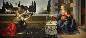 Italia Toscana Florencia, Galería de los Uffizi: La Anunciación, Pintura de Leonardo da Vinci (1452-1519), Óleo sobre madera, ca. 1472-1475, 98x217 cm