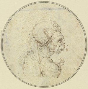 Caricatura de una anciana, retrato de medio cuerpo con una rosa en el pecho, de perfil hacia la derecha de Leonardo da Vinci