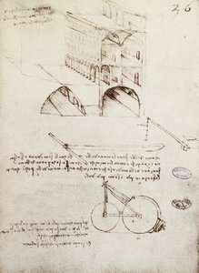Manuscrito B, f 36 r Estudios arquitectónicos, desarrollo y secciones de edificios en la ciudad con calles elevadas de Leonardo da Vinci
