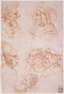 Siete estudios de caras grotescas (tiza roja sobre papel) de Leonardo da Vinci