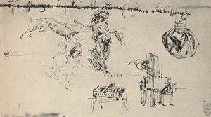 Hoja de estudios con una joven, un lobo, etc., c. 1480 1945 de Leonardo da Vinci