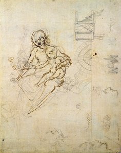 Estudios para una Virgen y el Niño y de cabezas en perfil y máquinas, c.1478-80 de Leonardo da Vinci