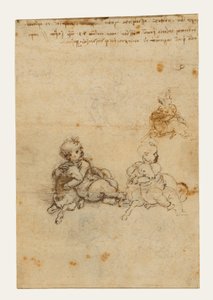 Bocetos para «El Niño Jesús con un cordero» (anverso); «Cabeza de anciano» y «Bocetos de maquinaria» (reverso) de Leonardo da Vinci