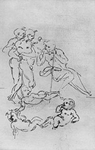 Estudios de figuras y putti para una adoración, c. 1481, 1945 de Leonardo da Vinci