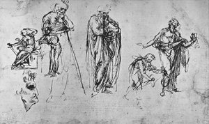 Estudios de figuras individuales y de un perfil, c1480 de Leonardo da Vinci
