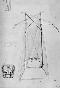 Estudio del aparato motriz de la máquina voladora con plano del mecanismo de la base, 1928