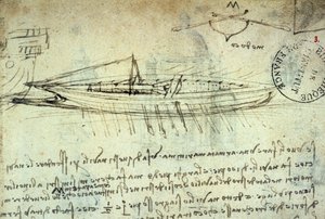 Estudio de barco equipado con una serie de remos por Leonardo da Vinci (1452 - 1519). Dibujo con pluma y tinta. Manuscrito. Biblioteca del Instituto de Francia. París