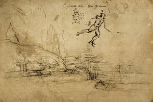El reverso de un dibujo de paisaje con la figura de un soldado