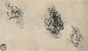 Tres estudios de un hombre apuñalando a un enemigo caído, c1480 1945 de Leonardo da Vinci