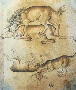 Unicornio atacando a una vaca y leopardo atacando a una oveja, estudio de animales, de Leonardo da Vinci (1452-1519), dibujo