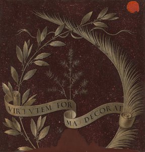 Corona de Laurel, Palma y Enebro con un Pergamino inscrito Virtutem Forma Decorat [reverso], c. 147 de Leonardo da Vinci