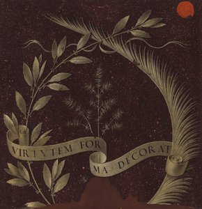 Corona de laurel, palma y enebro con una voluta con la inscripción Virtutem Forum Decorat (reverso) de Leonardo da Vinci