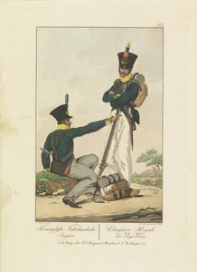 Dos cazadores, 1814-1818 Koninglyke Nederlandsche Jagers / Chasseurs Royale des Pays-Bas (título sobre el objeto) Siete representaciones uniformes 1814-1818 (título de la serie)