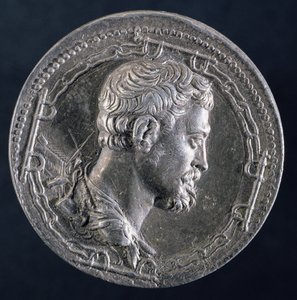 Reverso del medallón de Andrea Doria que representa al artista rodeado por las cadenas de un convicto y con una galera en el fondo, c.1541 (ver 122337 para el anverso)