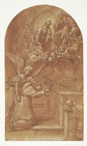 Un franciscano arrodillado (¿Francisco de Asís?), sostenido por un ángel, ofrece flores con ambas manos hacia el Cristo entronizado, que aparece llevado por ángeles y con María intercediendo a su lado