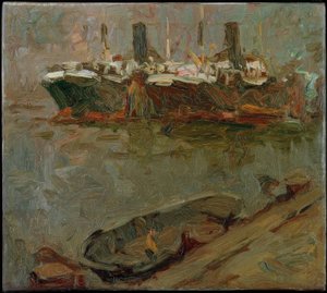 Barcaza en el muelle, dos barcos de pasajeros en el fondo de Leonhard Sandrock