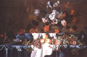 Naturaleza muerta de frutas con un loro de Leonhart Hubner