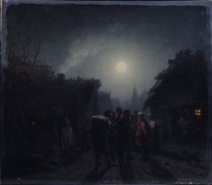 Frente a una taberna. Escena nocturna, 1860s-1870s de Leonid Ivanovich Solomatkin