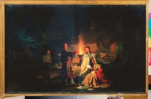 Comediantes descansando. (Los actores ensayan sus papeles al anochecer, alrededor de una antorcha, en el patio de una casa de campo. Cerca de ellos, una mesa con samovar y copas, así como equipo escénico bajo lonas). Pintura de Leonid de Leonid Ivanovich Solomatkin