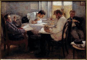 En la víspera del examen Los estudiantes repasan los exámenes. Pintura de Leonid Osipovich Pasternac (1862-1945) 1895 Sol. 0,39x0,55 m París, musee d