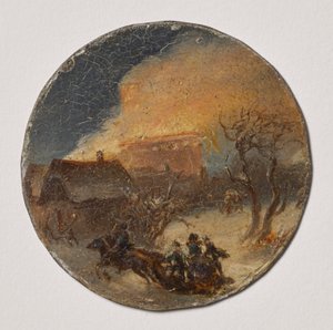 Casa en llamas y trineo tirado por caballos de Leopold Blonder