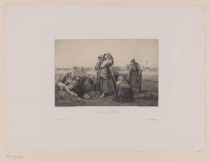 Agricultores en el campo al final de la jornada laboral. La fin de la journée (título sobre objeto) de Leopold Flameng