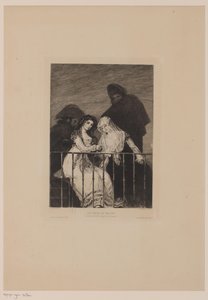 Dos mujeres con dos hombres en la sombra detrás de ellas. Les majas au balcon (título sobre objeto)