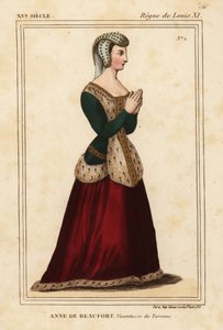 Ana Rogier de Beaufort, Vizcondesa de Turenne 1435-1479. Litografía coloreada a mano a partir de una vidriera de la iglesia de Cordelieres de Nantes en la carpeta VI 11 de Roger de Gaignieres de Le Bibliophile Jacob alias Paul Lacroix