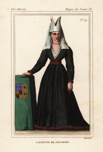 Lauretta de Jaucourt, esposa de Miguel de Chaugy, Señor de Chissey, Laurette de Jaucourt, Litografía coloreada a mano según una miniatura de la carpeta VII 49 de Roger de Gaignieres de Le Bibliophile Jacob aka Paul Lacroix
