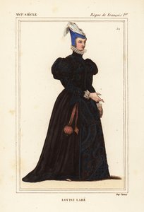 Louise Labe, La Belle Cordiere, poetisa francesa 1526-1566. Músico, ecuestre, arquero, esgrimista y lingüista. Litografía coloreada a mano según un retrato de la carpeta VIII 82 de Roger de Gaignieres de Le Bibliophile Jacob alias Paul Lacroix