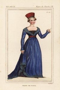 Marie de Fayel, condesa de Dammartin, esposa de Renaud de Nanteuil, señor de Acy y hermana de Jean de Fayel. Litografía coloreada a mano según una miniatura del manuscrito Histoire du Comte Gerard de Nevers en la carpeta VI 123 de Roger de Gaignieres de Le de Leopold Massard
