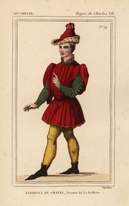 Tanneguy IV du Chatel, Vizconde de la Belliere, Gran Maestre de Hotel de Francisco II, Duque de Bretaña, m. 1477. Litografía coloreada a mano según una figura de un tapiz que representa a Ester y Mardoqueo en la carpeta VI 132 de Roger de Gaignieres de Le 