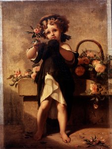 Retrato de cuerpo entero de una niña con una rosa. Pintura de Léopold Moulignon (1821-1897) Siglo XIX
