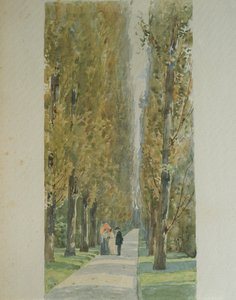 Giuseppe Verdi conversando con amigos a lo largo de la avenida arbolada en su villa en Sant