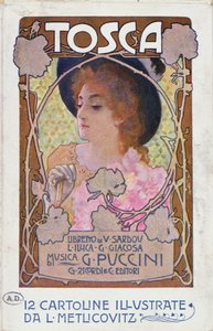 Página de título de la partitura de la ópera Tosca de Puccini, c.1910 (litografía en color) de Leopoldo Metlicovitz