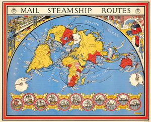 Cartel que anuncia las rutas de los barcos de vapor de correo de Leslie MacDonald Gill