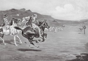 Jinetes griegos lanzando la jabalina (litografía) de Leslie Mosley