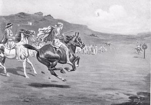 Jinetes griegos lanzando la jabalina, ilustración de 