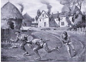 El sargento Cooper y dos camaradas corriendo bajo fuego enemigo después de incendiar una granja y varios pajares